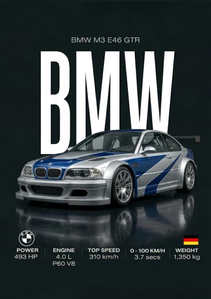 silver BMW M3 E46 GTR Araba Posteri – Duvar Tablosu duvarda gerçek ölçek