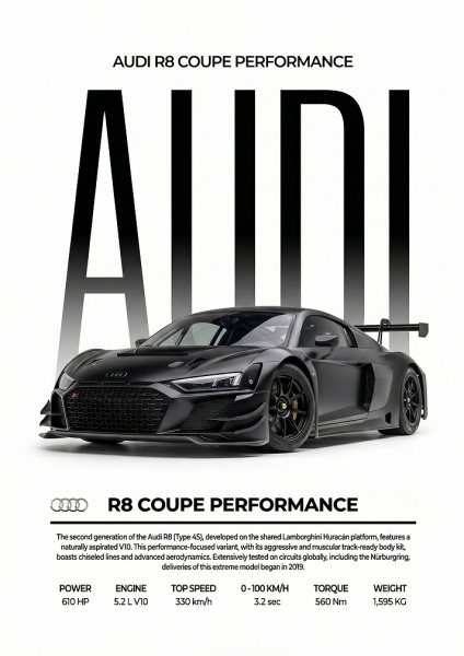 sleek black Audi R8 gt race Car Araba Posteri – Duvar Tablosu duvarda gerçek ölçek