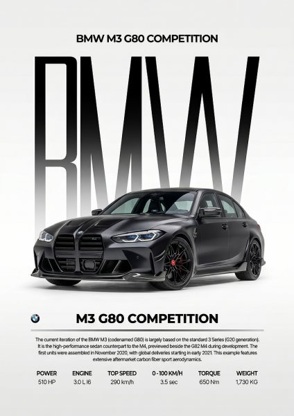 sleek black BMW M3 G80 Competition Car Araba Posteri – Duvar Tablosu duvarda gerçek ölçek