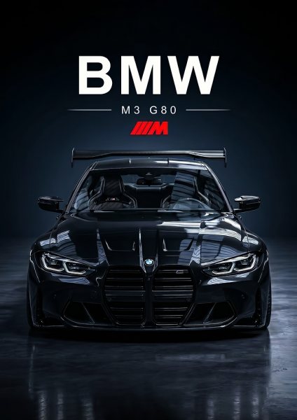 sleek black BMW M3 G80 Front View Araba Posteri – Duvar Tablosu duvarda gerçek ölçek