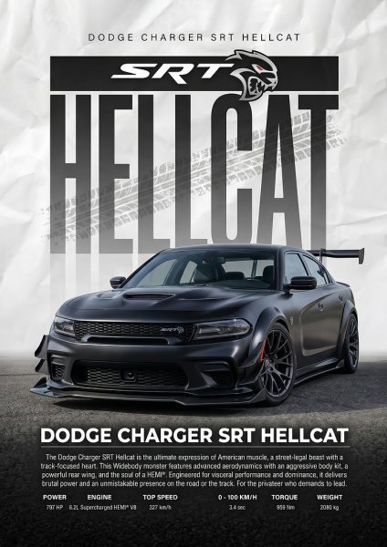 sleek black Dodge Charger SRT Hellcat Araba Posteri – Duvar Tablosu duvarda gerçek ölçek