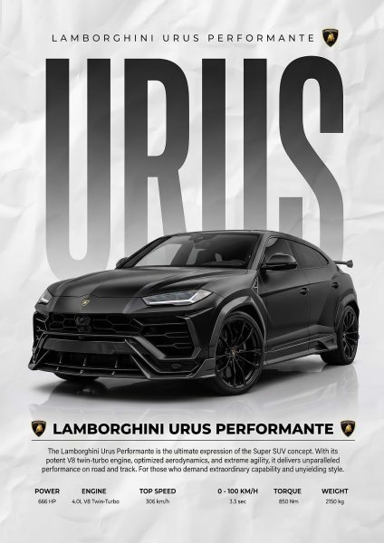 sleek black Lamborghini Urus Performante Araba Posteri – Duvar Tablosu duvarda gerçek ölçek