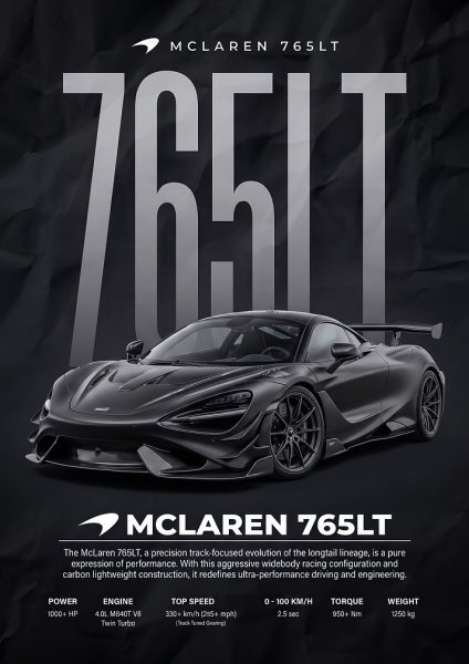 sleek black Mclaren 765LT car Araba Posteri – Duvar Tablosu duvarda gerçek ölçek