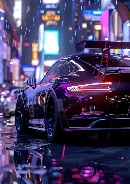 Sleek Car in Rainy Cityscape Araba Posteri – Duvar Tablosu