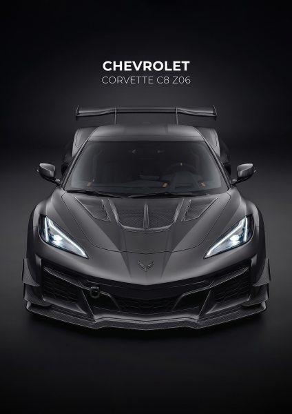sleek Chevrolet Corvette C8 Z06 Front View Araba Posteri – Duvar Tablosu duvarda gerçek ölçek