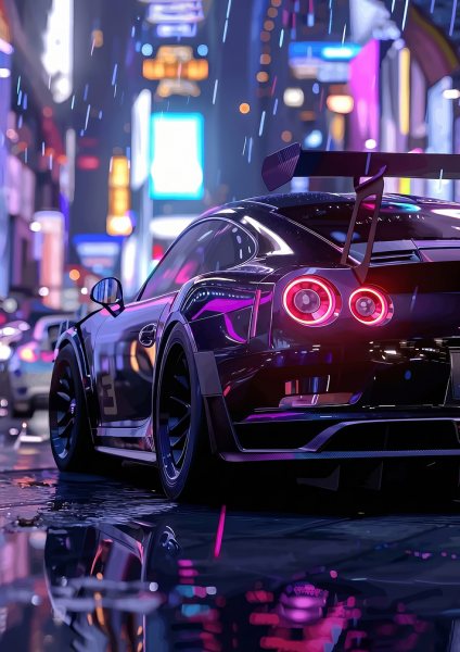 sleek Cyberpunk gtr 35 Car in Neon City Rain Araba Posteri – Duvar Tablosu