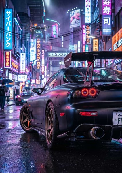 sleek Cyberpunk mazda rx7 Car in Neon City Araba Posteri – Duvar Tablosu duvarda gerçek ölçek