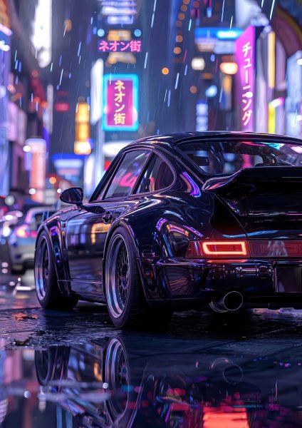 sleek Cyberpunk sport car in Neon City Rain Araba Posteri – Duvar Tablosu