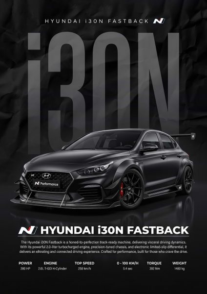 sleek Hyundai i30N Fastback Performance Car Araba Posteri – Duvar Tablosu duvarda gerçek ölçek