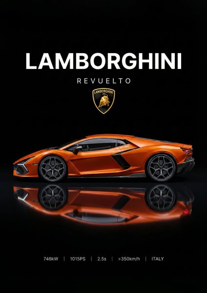 sleek Lamborghini Revuelto Orange Supercar Araba Posteri – Duvar Tablosu duvarda gerçek ölçek