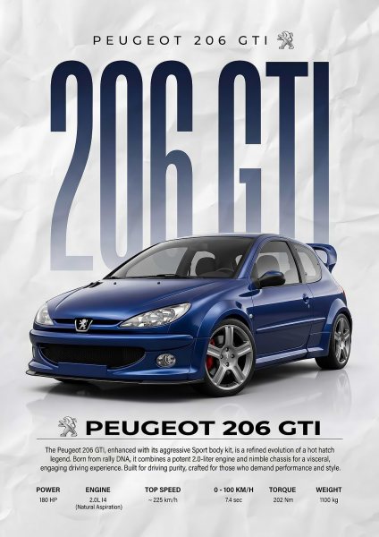 sleek Peugeot 206 GTI Car Araba Posteri – Duvar Tablosu