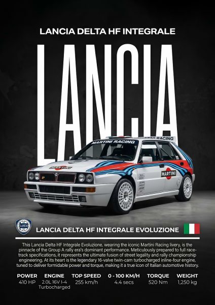 sleek rally Lancia Delta HF Integrale Martini Racing Araba Posteri – Duvar Tablosu poster görseli