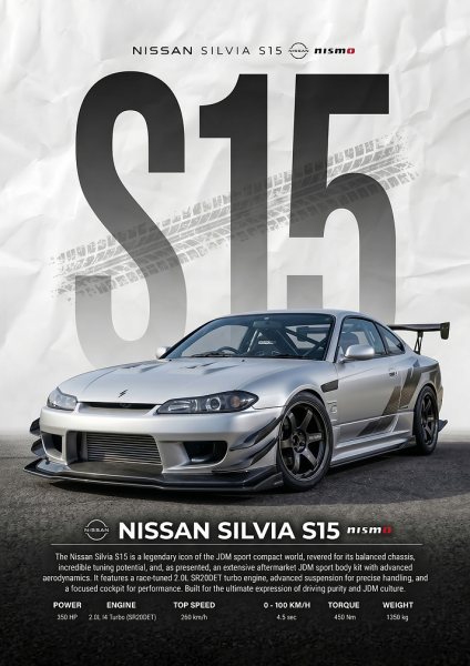 sleek silver Nissan Silvia S15 Nismo car Araba Posteri – Duvar Tablosu duvarda gerçek ölçek