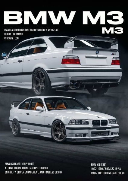 sleek white BMW M3 E36 Car Legend Araba Posteri – Duvar Tablosu duvarda gerçek ölçek