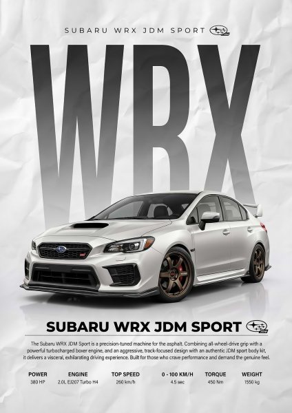 sleek white Subaru WRX JDM Sport Car Araba Posteri – Duvar Tablosu duvarda gerçek ölçek