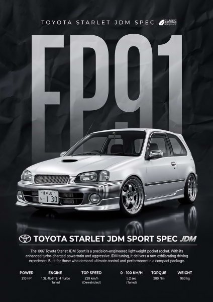 sleek white Toyota Starlet 97 JDM Sport Araba Posteri – Duvar Tablosu duvarda gerçek ölçek