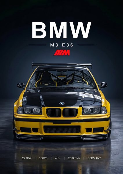 sleek yellow BMW M3 E36 Race Car Araba Posteri – Duvar Tablosu