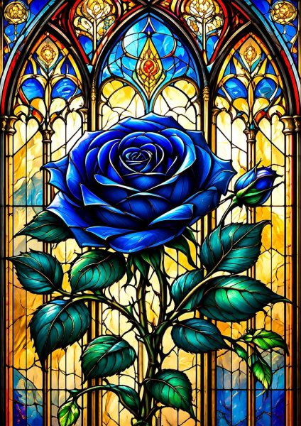 Stained Glass Blue Rose Art Film Posteri – Duvar Tablosu duvarda gerçek ölçek