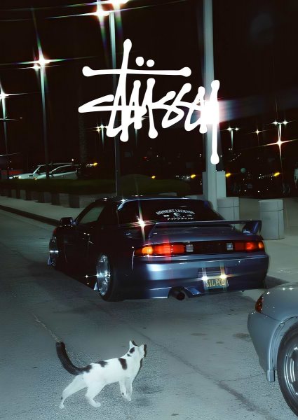 Stussy Logo with Nissan Silvia S14 Araba Posteri – Duvar Tablosu duvarda gerçek ölçek