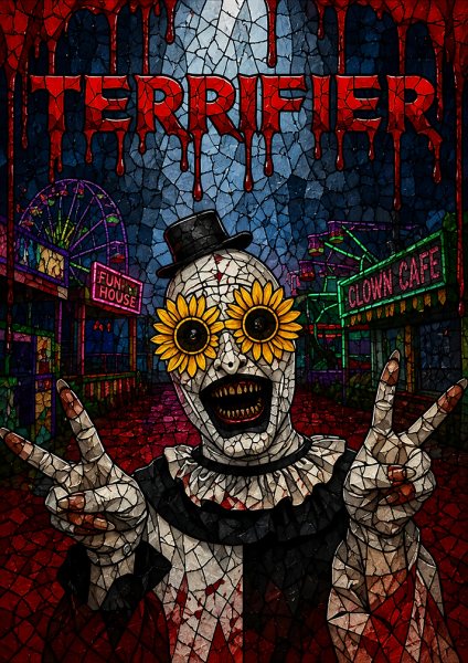 Terrifier Clown with Sunflowers Film Posteri – Duvar Tablosu duvarda gerçek ölçek