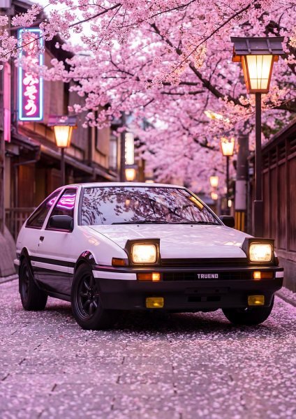 Toyota AE86 Trueno Cherry Blossom Street Araba Posteri – Duvar Tablosu duvarda gerçek ölçek