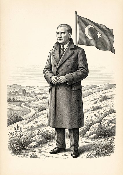 Ufka Bakan Atatürk Posteri – Gravür / botanik Duvar Tablosu