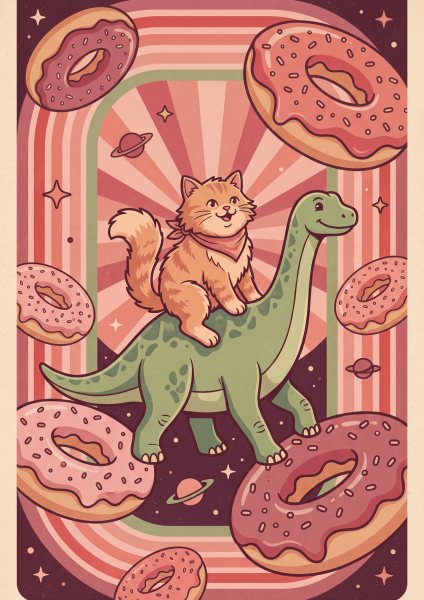 Uzayda Dinozorlu Kedi Posteri – Retro Duvar Tablosu duvarda gerçek ölçek