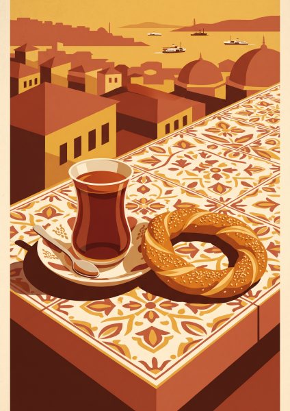 Vintage Çay ve Simit Posteri – Seyahat afişi Duvar Tablosu