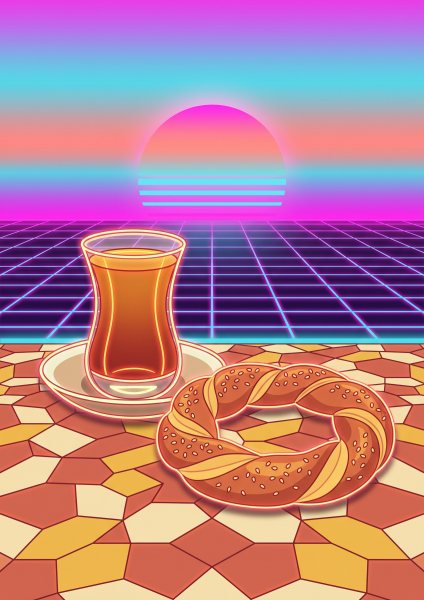 Vintage Çay ve Simit Posteri – Synthwave Duvar Tablosu