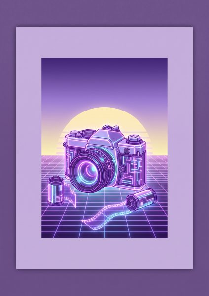 Vintage Fotoğraf Makinesi Posteri – Synthwave Duvar Tablosu