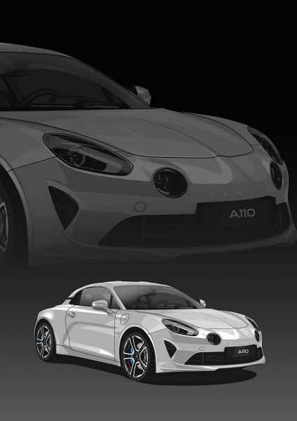 White Alpine A110 Sports Car Illustration Araba Posteri – Duvar Tablosu duvarda gerçek ölçek