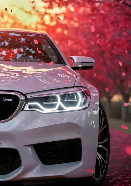 White BMW M5 with Cherry Blossoms Araba Posteri – Duvar Tablosu duvarda gerçek ölçek