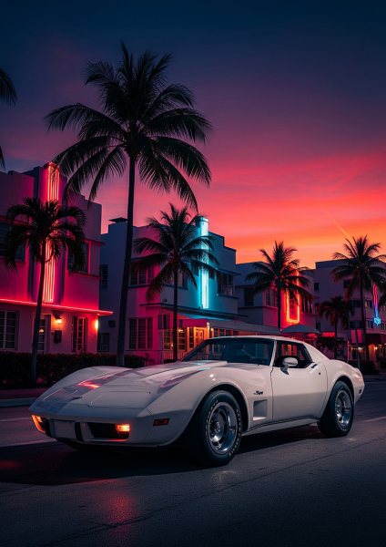 White Corvette C3 in Miami at Sunset Araba Posteri – Duvar Tablosu