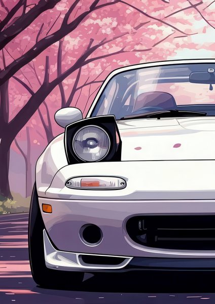 White Mazda Miata with Cherry Blossoms Araba Posteri – Duvar Tablosu poster görseli