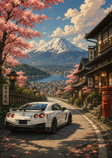 White Nissan GT-R with Mount Fuji View Araba Posteri – Duvar Tablosu