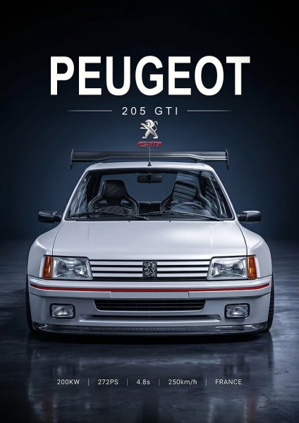 white sleek Peugeot 205 GTI iconic Araba Posteri – Duvar Tablosu poster görseli