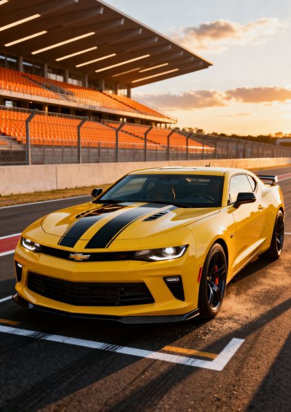 Yellow Chevrolet Camaro on Racetrack Araba Posteri – Duvar Tablosu poster görseli