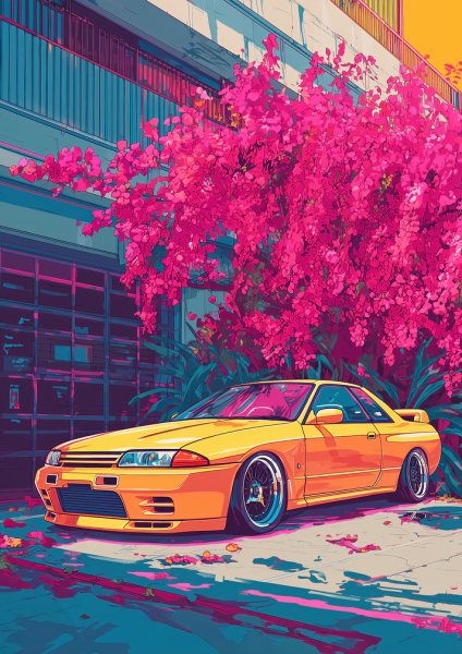 Yellow Sports Car Under Pink Blossoms Araba Posteri – Duvar Tablosu duvarda gerçek ölçek