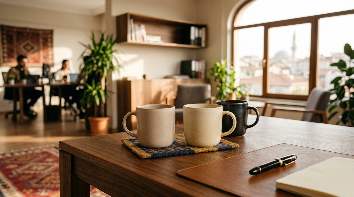 Kurumsal baskılı kupa bardak ve ofis masası görünümü