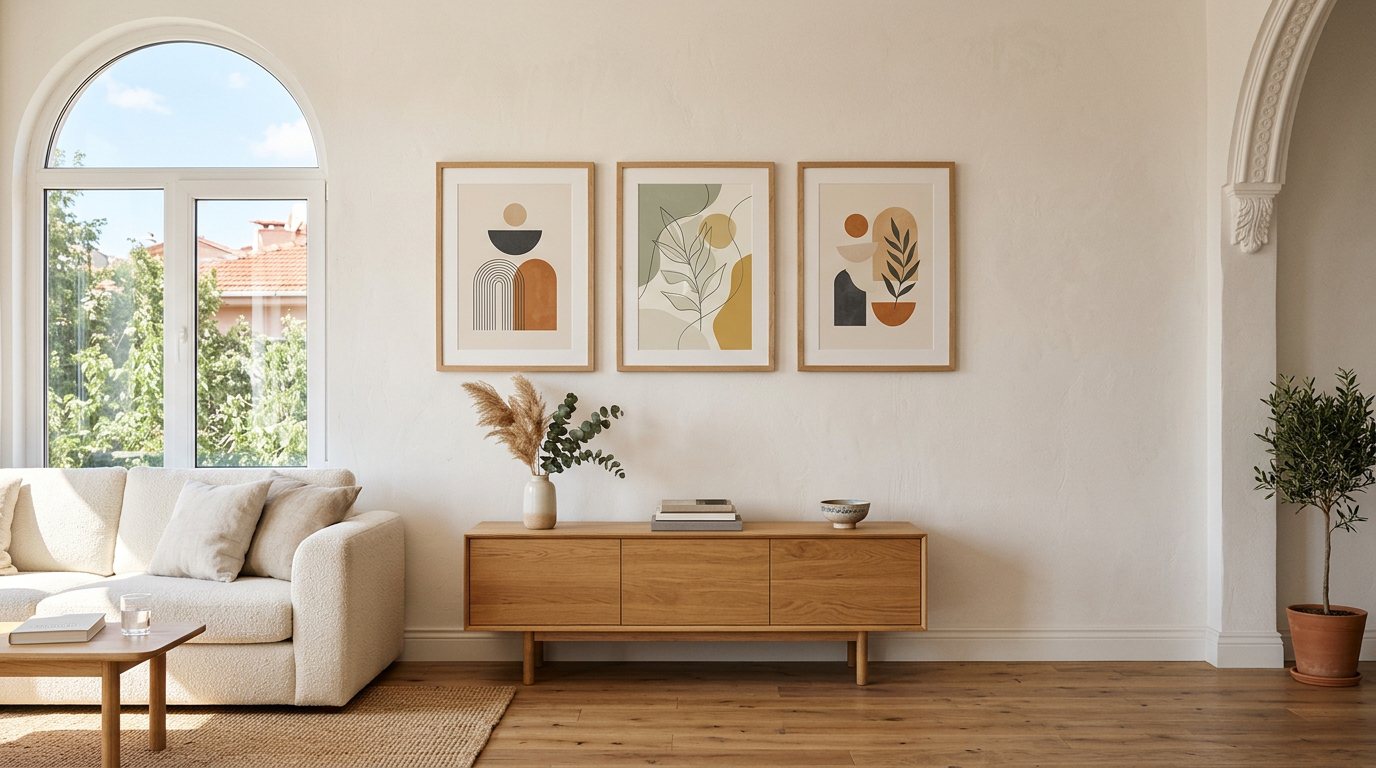 Minimalist ev dekorasyonunda ahşap çerçeveli duvar posteri kombinasyonu