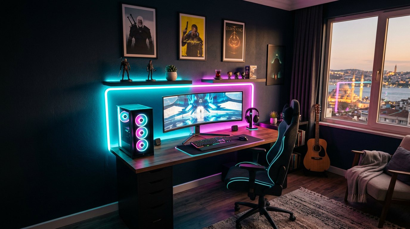 RGB aydınlatmalı ve oyun odası posterleri ile dekore edilmiş modern gamer odası tasarımı